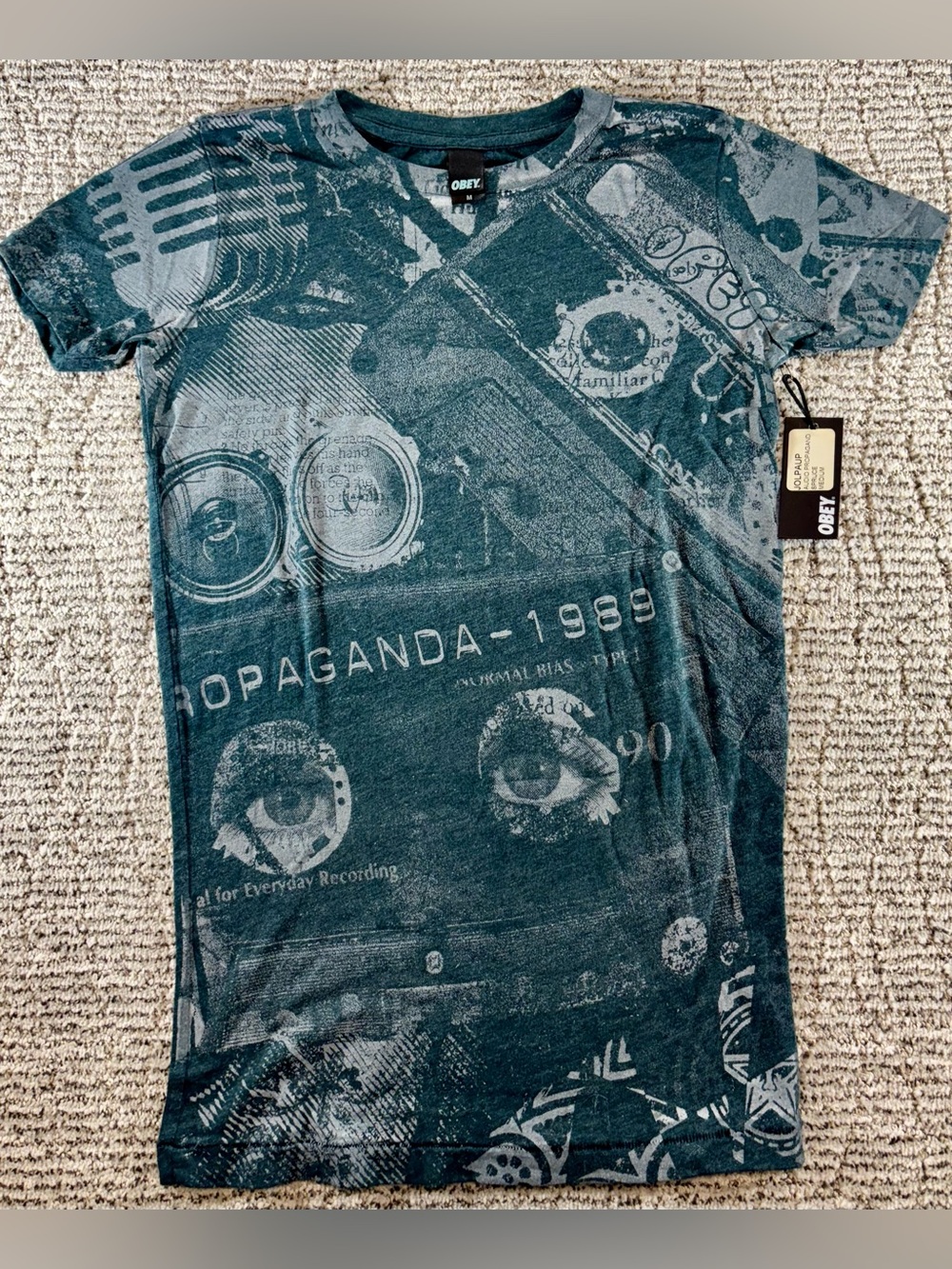 NWT OBEY Women’s Medium “Propaganda - 1989" Spruce Audio Cassette‎ Tape T-shirt